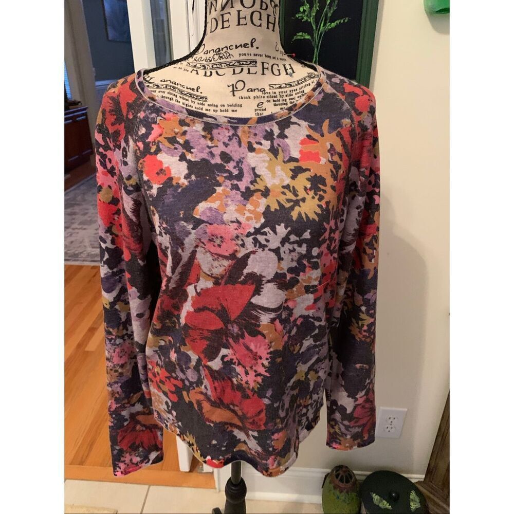 Maeve Anthropologie Kimmie Sweater Gray Floral Long Sleeve Pullover